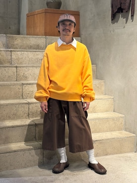 「Toironier（トワロニエ）のToironier/トワロニエ/PLAIN SWEAT SHIRTS（スウェット、オレンジ系）」を使った、武士俣  淳(GARDEN 渋谷)さん（メンズ・163cm）の春コーディネート