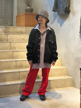 「Toironier（トワロニエ）のToironier/トワロニエ/CHECK ASYMMETRY SHIRTS（シャツ/ブラウス、オレンジ系）」を使った、武士俣  淳(GARDEN 渋谷)さん（メンズ・163cm）の冬コーディネート