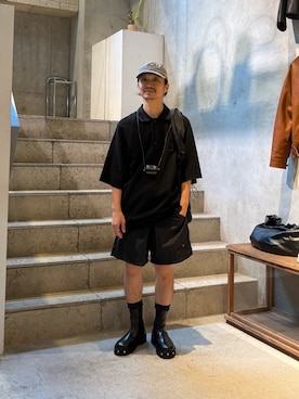 「The Make Happy Studio（ザメイクハッピーストゥディオ）のThe Make Happy Studio/ザメイクハッピーストゥディオ/HEART CAP（キャップ、ブラック系）」を使った、武士俣  淳(GARDEN 渋谷)さん（メンズ・163cm）の夏コーディネート