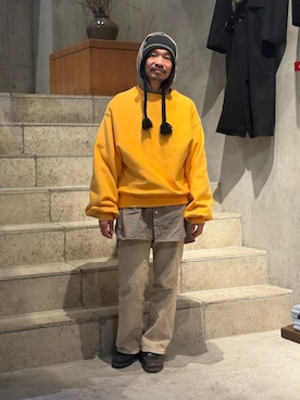 「Toironier（トワロニエ）のToironier/トワロニエ/PLAIN SWEAT SHIRTS（スウェット、オレンジ系）」を使った、武士俣  淳(GARDEN 渋谷)さん（メンズ・163cm）の冬コーディネート