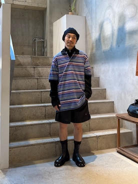 「The Make Happy Studio（ザメイクハッピーストゥディオ）のThe Make Happy Studio/ザメイクハッピーストゥディオ/BODER POLO SHIRTS（ポロシャツ、ブルー系）」を使った、武士俣  淳(GARDEN 渋谷)さん（メンズ・163cm）の夏コーディネート