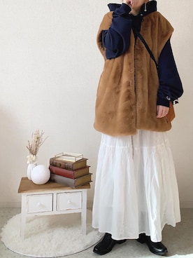 「アイテム（ベスト、ブラウン系）」を使った、さにぃ。さん（レディース・153cm）の冬コーディネート