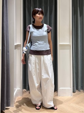 「A part by（アパートバイ）のレイヤードヘンリーネックプルオーバー（Tシャツ/カットソー、ブラウン系）」を使った、あんずさん（レディース・163cm）の夏コーディネート