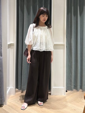「A part by（アパートバイ）のキンチャクミニショルダバッグ（ショルダーバッグ、レッド系）」を使った、あんずさん（レディース・163cm）の夏コーディネート
