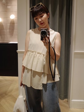 「A part by（アパートバイ）の【定番人気】Apbコクーンデニムパンツ≪追加3≫（デニムパンツ、ブルー系）」を使った、あんずさん（レディース・163cm）の夏コーディネート