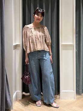 「A part by（アパートバイ）のキンチャクミニショルダバッグ（ショルダーバッグ、レッド系）」を使った、あんずさん（レディース・163cm）の夏コーディネート