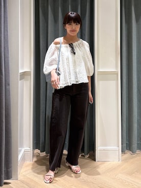 「A part by（アパートバイ）のフラワーシシュウブラウス（シャツ/ブラウス、ホワイト系）」を使った、あんずさん（レディース・163cm）の夏コーディネート