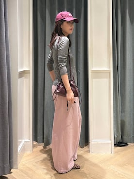 「A part by（アパートバイ）のキンチャクミニショルダバッグ（ショルダーバッグ、レッド系）」を使った、あんずさん（レディース・163cm）の夏コーディネート