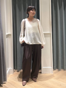「A part by（アパートバイ）のキンチャクミニショルダバッグ（ショルダーバッグ、レッド系）」を使った、あんずさん（レディース・163cm）の秋コーディネート