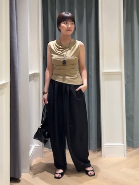 「A part by（アパートバイ）のウッドバングル（バングル/リストバンド、ブラウン系）」を使った、あんずさん（レディース・163cm）の夏コーディネート
