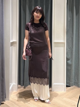 「A part by（アパートバイ）のキンチャクミニショルダバッグ（ショルダーバッグ、レッド系）」を使った、あんずさん（レディース・163cm）の夏コーディネート