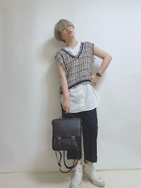 「サッチェルバッグ」｜「アイテム（スラックス）」を使った、☆★gizmo★☆さん（レディース・159cm）の夏コーディネート
