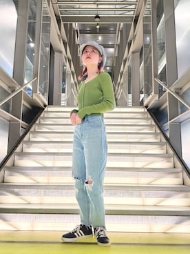 「OVERRIDE（オーバーライド）のOVERRIDE  PIGMENT DAD CASQUETTE SGP / オーバーライド（キャスケット、ブルー系）」を使った、zabethさん（レディース・160cm）の春コーディネート