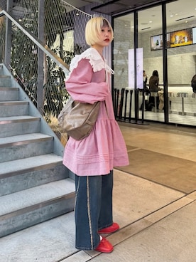 「w closet（ダブルクローゼット）の衿付きミニワンピース（スカート、レッド系）」を使った、mimiさん（レディース・153cm）の春コーディネート