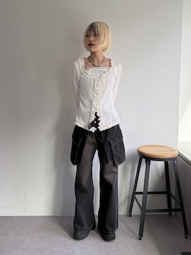 「w closet（ダブルクローゼット）のドットレイヤードフリルカーディガン（Tシャツ/カットソー、ホワイト系）」を使った、mimiさん（レディース・153cm）の春コーディネート