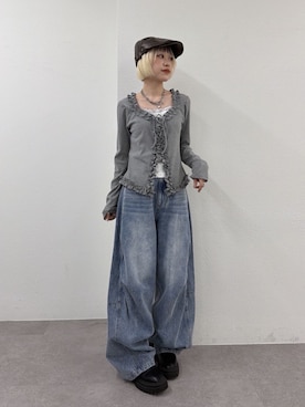 「w closet（ダブルクローゼット）のドットレイヤードフリルカーディガン（Tシャツ/カットソー、グレー系）」を使った、mimiさん（レディース・153cm）の春コーディネート