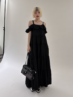 「w closet（ダブルクローゼット）のマルチウェイティアードキャミワンピース（ワンピース、ブラック系）」を使った、mimiさん（レディース・153cm）の春コーディネート