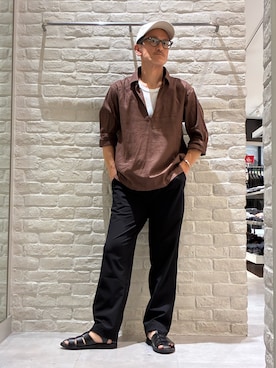 「ABAHOUSE（アバハウス）の【リネンブレンド】スキッパー プルオーバーシャツ（シャツ/ブラウス、ブラウン系）」を使った、nobgさん（メンズ・171cm）の春コーディネート