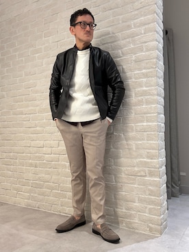 「アイテム（ライダースジャケット）」を使った、nobgさん（メンズ・171cm）の冬コーディネート