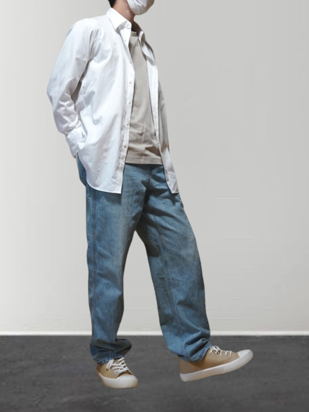 「デニムっていいよね、シンプルコーデ、白シャツ、デニム、デニムパンツ、スニーカー、スニーカーコーデ、UNIQLO、GU、プチプラ」｜「GUのアイテム（Tシャツ/カットソー、ホワイト系）」を使った、htkさん（メンズ・169cm）の夏コーディネートの1枚目の写真
