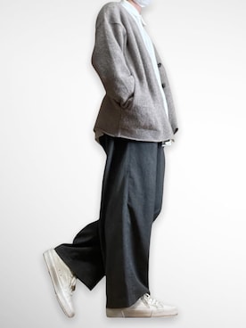 「THE CASUAL（カジュアル）のTRストレッチ タックルーズ ワイドテーパード スラックスパンツ（スラックス）」を使った、htkさん（メンズ・169cm）の冬コーディネート