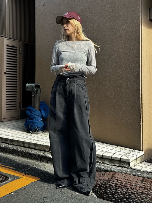 サイドライン タック ワイド ハイウエスト デニムパンツ（デニムパンツ