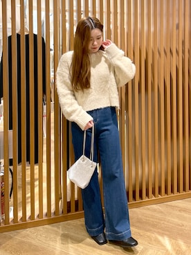 「FREE'S MART（フリーズマート）のミックス起毛ショート丈ニット（ニット/セーター、ベージュ系）」を使った、mayuさん（レディース・154cm）の冬コーディネート