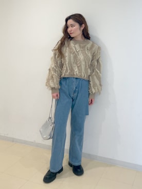 「FREE'S MART（フリーズマート）の◆フリンジショート丈ニット（ニット/セーター、ベージュ系）」を使った、mayuさん（レディース・154cm）の冬コーディネート