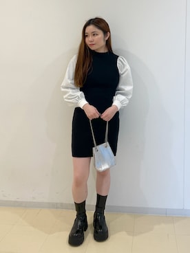 「FREE'S MART（フリーズマート）の◆布帛ドッキングミニニットワンピース（ワンピース、ブラック系）」を使った、mayuさん（レディース・154cm）の冬コーディネート