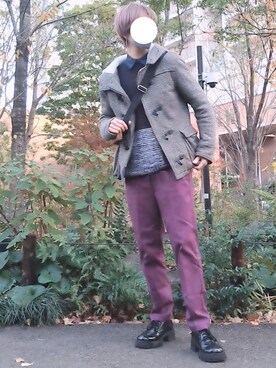 「カラーパンツ」｜「アイテム（ピーコート）」を使った、trさん（メンズ・168cm）の冬コーディネート