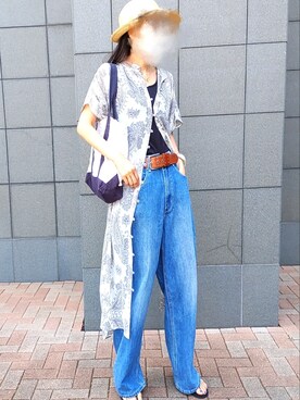「麦わら帽子」｜「アイテム（シャツワンピース）」を使った、namilunaさん（レディース・166cm）の夏コーディネート