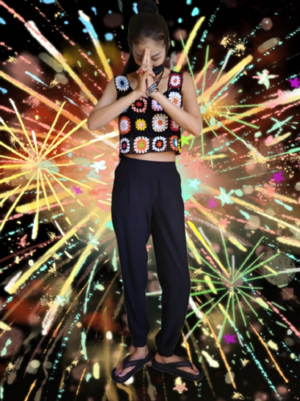 「忍者祭、夏コーデ、ベスト」｜「SHEINのアイテム（ベスト、ブラック系）」を使った、namilunaさん（レディース・166cm）の夏コーディネートの1枚目の写真