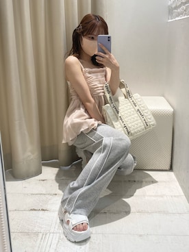 「one after another NICE CLAUP（ワンアフターアナザーナイスクラップ）のアイテム（スウェットパンツ）」を使った、e r iさん（レディース・151cm）の夏コーディネート