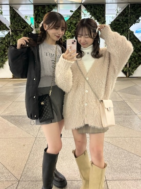 「one after another NICE CLAUP(ワンアフターアナザーナイスクラップ)の【矢吹奈子さん着用】ふわモテあざと/フェザーロングカーディガン(カーディガン/ボレロ、ベージュ系)」を使った、e r iさん(レディース・151cm)の秋コーディネート