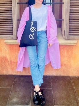 「agnes b.（アニエスベー）のNS05B－01 ロゴトートバッグ（トートバッグ、ブラック系）」を使った、アリーさん（レディース・156cm）の春コーディネート