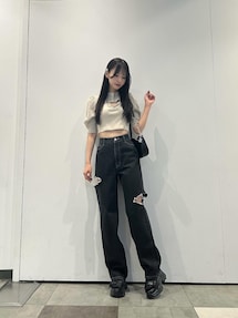 tシャツ ビジューボタンデコルテリブTOP レディース セール】ビジューボタンデコルテリブTOP（Tシャツ/カットソー