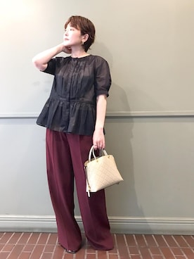 「ROPE'（ロペ）の【洗える・カセット服】ライトトリアセイージーワイドパンツ/お仕事・通勤・セットアップ対応（その他パンツ）」を使った、tomoさん（レディース・151cm）の夏コーディネート