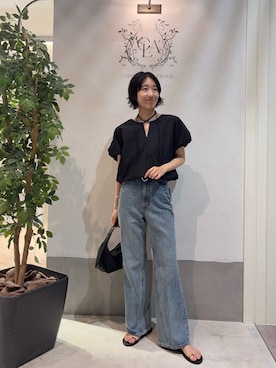 「CAPRICIEUX LE'MAGE（カプリシューレマージュ）のバルーンリボンブラウス（シャツ/ブラウス、ブラック系）」を使った、tasaka yunaさん（レディース・161cm）の夏コーディネート