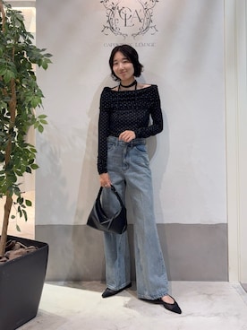 「CAPRICIEUX LE'MAGE（カプリシューレマージュ）の【riho企画】ドットドレープロンT（Tシャツ/カットソー、ブラック系）」を使った、tasaka yunaさん（レディース・161cm）の夏コーディネート