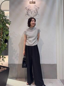 「CAPRICIEUX LE'MAGE（カプリシューレマージュ）の【接触冷感】ハーフネックフレンチニット（ニット/セーター、ベージュ系）」を使った、tasaka yunaさん（レディース・161cm）の夏コーディネート
