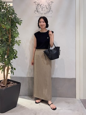 「CAPRICIEUX LE'MAGE（カプリシューレマージュ）の1ポイントノースリニット（Tシャツ/カットソー、ブラック系）」を使った、tasaka yunaさん（レディース・161cm）の夏コーディネート