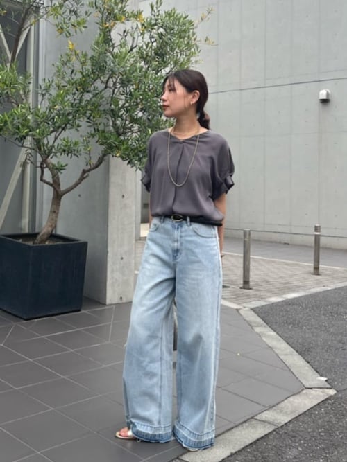 新品タグ付き◆Drawer ウォッシャー バックジップクルーネックブラウス リンクスジャガード 切り替えデザイン ハイゲージクルーネック