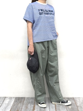 「Grand PARK（グランドパーク）のミジンボーダーフロッキーロゴTシャツ（Tシャツ/カットソー、ブルー系）」を使った、Grand PARK WOMENSさん（レディース・159cm）の春コーディネート
