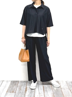 「Grand PARK（グランドパーク）の【セットアップ】キーネックプルオーバー+パンツ（パンツドレス、ブラック系）」を使った、Grand PARK WOMENSさん（レディース・159cm）の春コーディネート