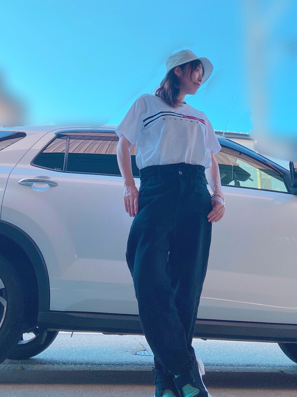 「夏コーデ、シンプルスタイル、おでかけコーデ、フェススタイル」｜「LOWRYS FARMのアイテム（ハット、ホワイト系）」を使った、sanaekoさん（骨格ウェーブ・レディース・153cm）の夏コーディネートの1枚目の写真