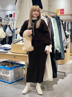 「LOWRYS FARM（ローリーズファーム）のストレッチヒールブーツ　140507（ブーツ、ホワイト系）」を使った、リンリンさん（レディース・156cm）の冬コーディネート