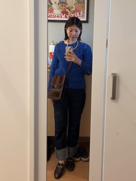 「select MOCA（セレクトモカ）の柔らかく履きやすいフェイクレザーゴールドビット付きローファー（ローファー）」を使った、wakacchaさん（レディース・163cm）の秋コーディネート