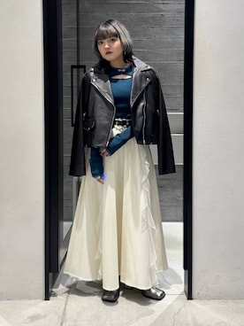 「アイテム（ライダースジャケット）」を使った、かのんさん（レディース・149cm）の秋コーディネート