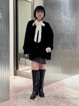「HARE（ハレ）のレースデザインボウタイシャツ(HARE)（シャツ/ブラウス、ホワイト系）」を使った、かのんさん（レディース・149cm）の秋コーディネート