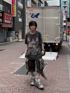 「アイテム（Tシャツ/カットソー、ブラック系）」を使った、内緒の一郎さん（メンズ・167cm）の夏コーディネート